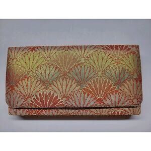 Japanese KIMONO OBI Clutch Purse Bag Vintage 8.5x5” Gold Orange Fans Design
